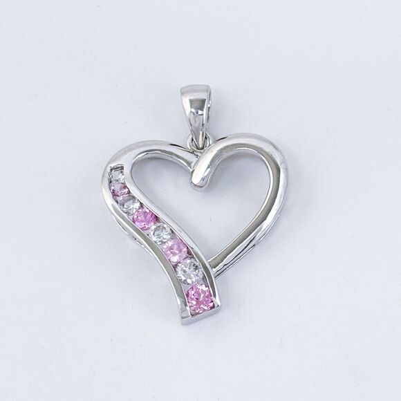 Vintage Sterling Silver 925 3cm Pink & Clear Cubic Zirconia Heart Pendant - Picture 2 of 6
